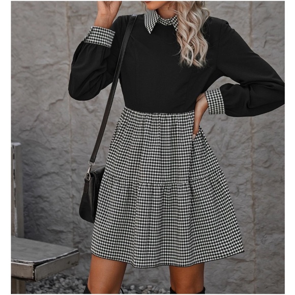 Gingham Color block Minimalist ruffle Hem Dress - Picture 3 of 6